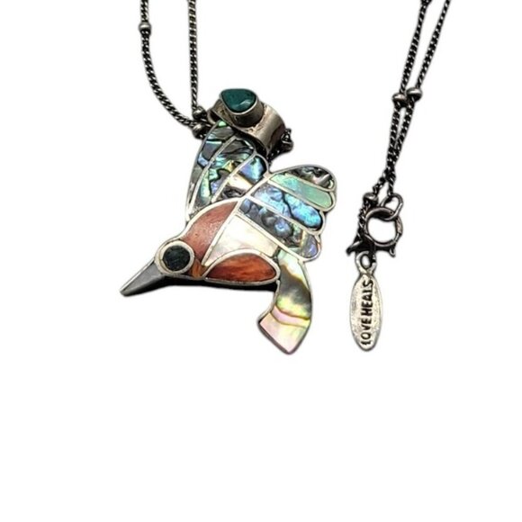 950 Fine Silver Channel Inlay Hummingbird Pendant Necklace 18" 925 Chain… - Picture 6 of 14